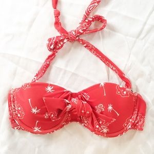 Wildfox Swim bikini top halter tie neck paisley tropical bright coral S